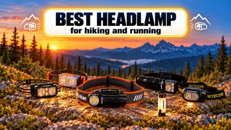 Best headlamps for hiking and running – Wurkkos HD12, Nitecore NU25, Flextail Tiny Helio, Sofirn HS42 and Gopeak Mini on a rock at sunset in the mountains