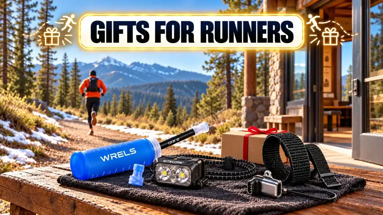 Gifts for runners – cheap running gear: soft flask with long straw, Nitecore NU25 headlamp, nylon Garmin watch band, USB-C Garmin charging adapter and bite valve