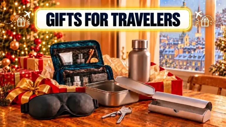 Gifts for travelers – cheap travel gadgets: 3D sleep mask, hanging toiletry bag, titanium water bottle, titanium lunch box, slim glasses case and keychain multitool